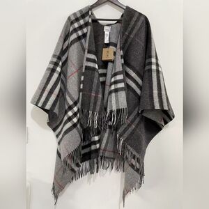 Burberry Contrast Check Wool Cashmere Jacquard Cape in Grey/Charcoal